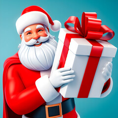 Santa Claus in 3d, smiling and holding a big white gift package.