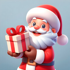 Santa Claus in 3d, smiling and holding a big package of cream gifts.