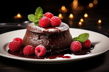 Luxurious molten cake adorned with raspberry and chocolate fondant served on a dish. Generative AI