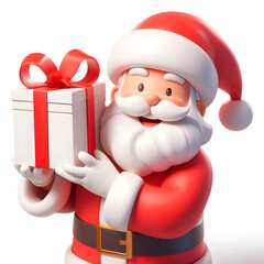 Santa Claus in 3d, smiling and holding a big package