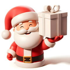 Santa Claus in 3d, smiling and holding a big package of gifts. The character is wearing a typical Santa Claus costume