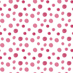 Cute polka dots watercolor seamless pattern. Seamless background with pink watercolor stains