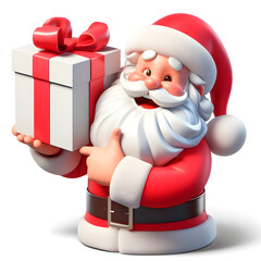 Santa Claus in 3d, smiling and holding a big package of gifts. The character is wearing a typical Santa Claus costume, with a red cape