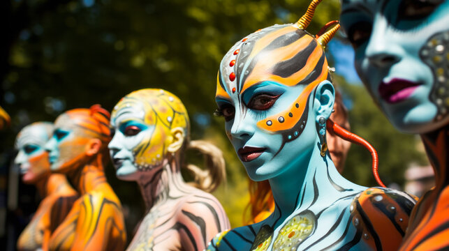 Artists fully painted at Austrian Bodypainting Festival.
