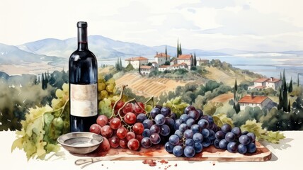 Rural Harvest: Refreshing red wine from the vineyard. Blue grapes with a red wine bottle in watercolor with landscape view. - obrazy, fototapety, plakaty