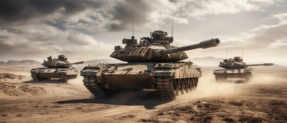 Main Battle Tanks in Desert Military Operation - obrazy, fototapety, plakaty