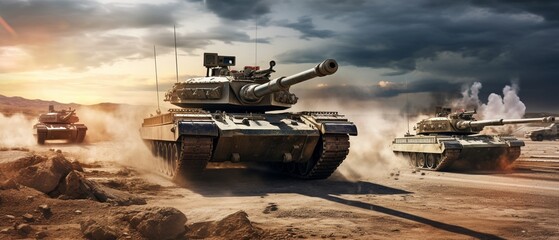 Main Battle Tanks in Desert Military Operation - obrazy, fototapety, plakaty