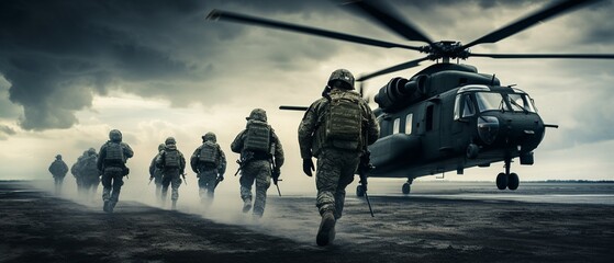 Soldiers Ready for Battle, Heading to Helicopte - obrazy, fototapety, plakaty
