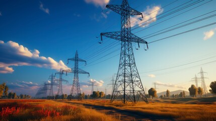 High Voltage Towers Traversing Landscape Represent Engineering Might Supporting Modern Electric Grid