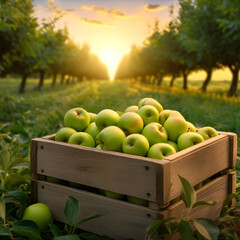 Green apples harvested in a wooden box in apple orchard with sunset. Natural organic fruit abundance. Agriculture, healthy and natural food concept.