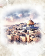 Watercolor painting of Dome of the Rock City in Jerusalem