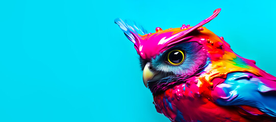 Fantasy digital art of owl flying with multicolored liquid splash in surface.funny animal in surreal surrealism ideas.creativity and inspiration background - obrazy, fototapety, plakaty