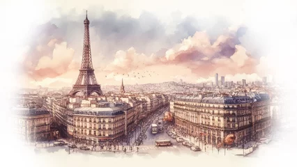 Photo sur Aluminium Tour Eiffel Watercolor painting of Paris with Eiffel Tower