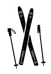 Obraz premium A black-white ski and poles illustration. Winter sport vector. Minimalistic simple icons of ski with pattern