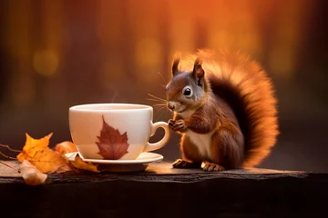 Schilderijen op glas Squirrel with cup of coffee or tea in forest  © Olga
