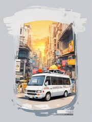 t-shirt design: bus in the city