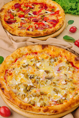 Homemade pizza close up top view