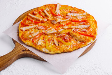 Bavarian pizza with smoked sausages isolated