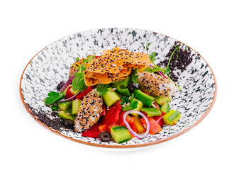 Greek salad with feta cheese, tomato and cucumber
