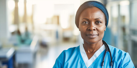 African female doctor, arms crossed, watching surgical ward. - obrazy, fototapety, plakaty