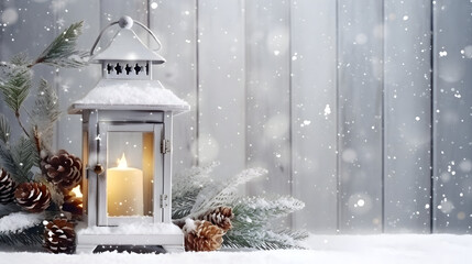Lantern with burning candle, pine cones and silver balls on wooden board surface covered with snow, abstract background with snowflakes and sparkling light. Horizontal composition.