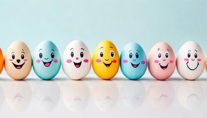 happy easter eggs with smiling faces and copy space