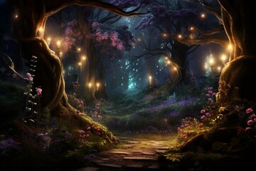 A mysterious woodland illuminated by enchanting lights. Generative AI
