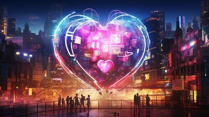 Cyberpunk-themed graphic art displaying a neon heart-shaped hologram, interpretation of love, Futuristic graphic art, Valentine