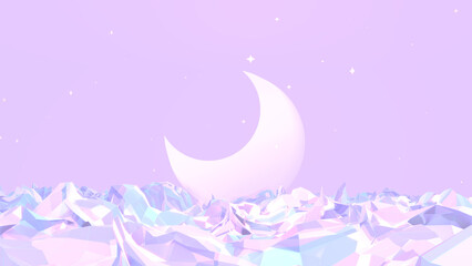 3d rendered pastel crescent moon and wavy terrain.