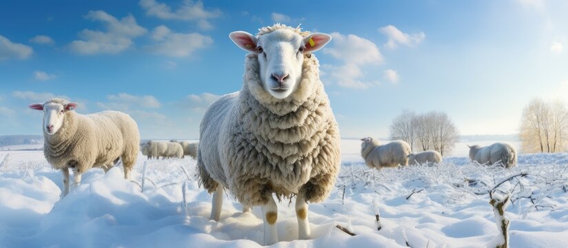 Snowy winter farm with sheep animal life Cod in winter