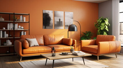 Living room with orange leather sofa.