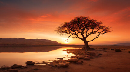 Lonely tree's silhouette in serene arid sunset.