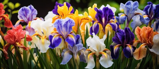 Various iris hues in June garden - obrazy, fototapety, plakaty