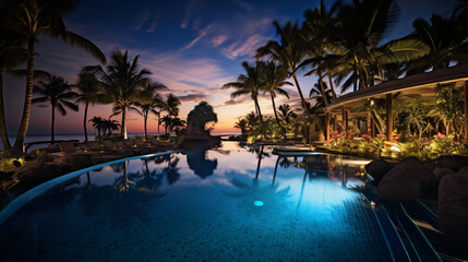 Fototapeta na wymiar Luxurious tropical resort pool in the night.