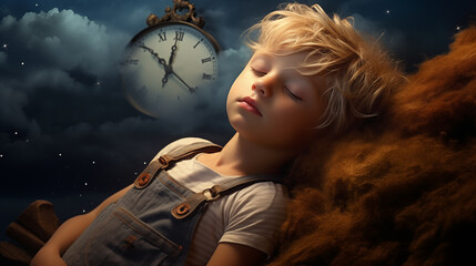 Little cute boy toddler child sleeping in bed generative ai - obrazy, fototapety, plakaty