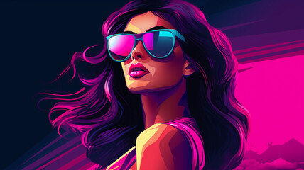 schöne Frau mit Sonnenbrille im Retro Look mit Neonfarben und Platz für Text. Querformat. Generative Ai - obrazy, fototapety, plakaty