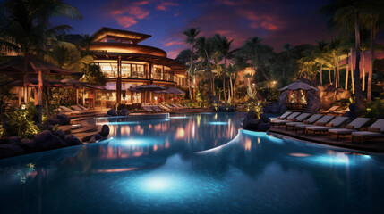 Fototapeta na wymiar Luxurious tropical resort pool in the night.