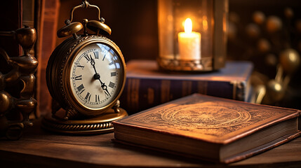 Still life with book, burning candle and clock generative ai