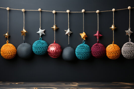 Winter holiday christmas concept background greeting card - Closeup of knitted hanging christmas trees on string, background black concrete wall 