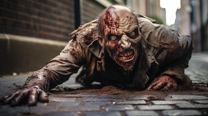 Creepy zombie with bloody face crawling on brick street sidewalk, generative ai