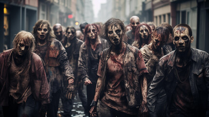 Crowd of aggressive zombies walking around on spooky city street generative ai - obrazy, fototapety, plakaty