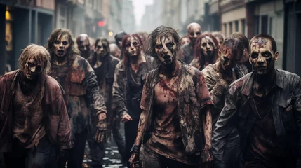 Fotobehang Crowd of aggressive zombies walking around on spooky city street generative ai © Nomad_Soul
