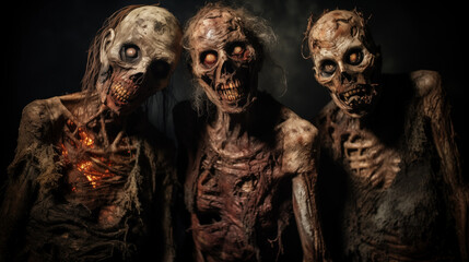 Creepy zombie three characters skeleton on dark background generative ai