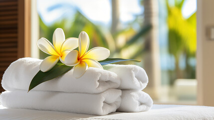 Fototapeta na wymiar Luxury hotel room with Plumeria and towels.