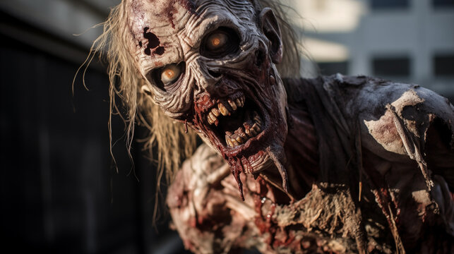 Closeup generative ai portrait of creepy zombie face with opened mouth in blood