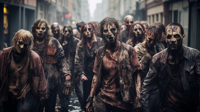 Crowd of aggressive zombies walking around on spooky city street generative ai