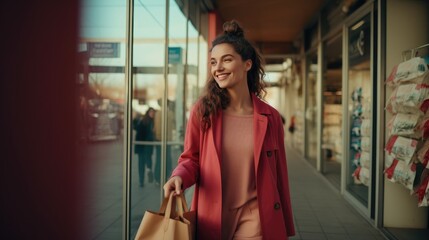 Obraz premium A fashionable, young happy girl walks in with her purchases from a shopping spree. Discounts and promotions in stores