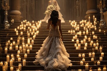 Panna młoda w białej sukni ślubnej na schodach ze świecami.  - obrazy, fototapety, plakaty