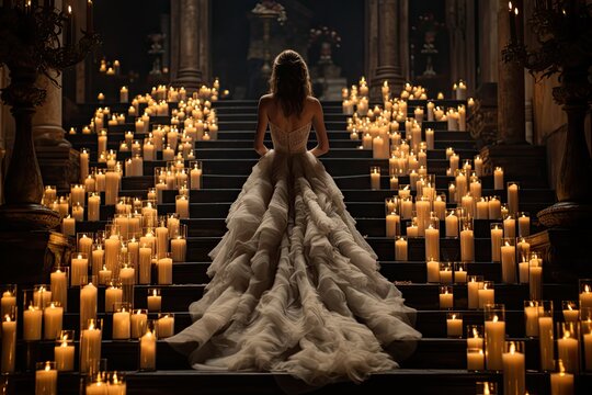 Panna młoda w białej sukni ślubnej na schodach ze świecami. 