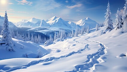 Zimowy górski krajobraz z lasem i górami pokrytymi śniegiem.  - obrazy, fototapety, plakaty